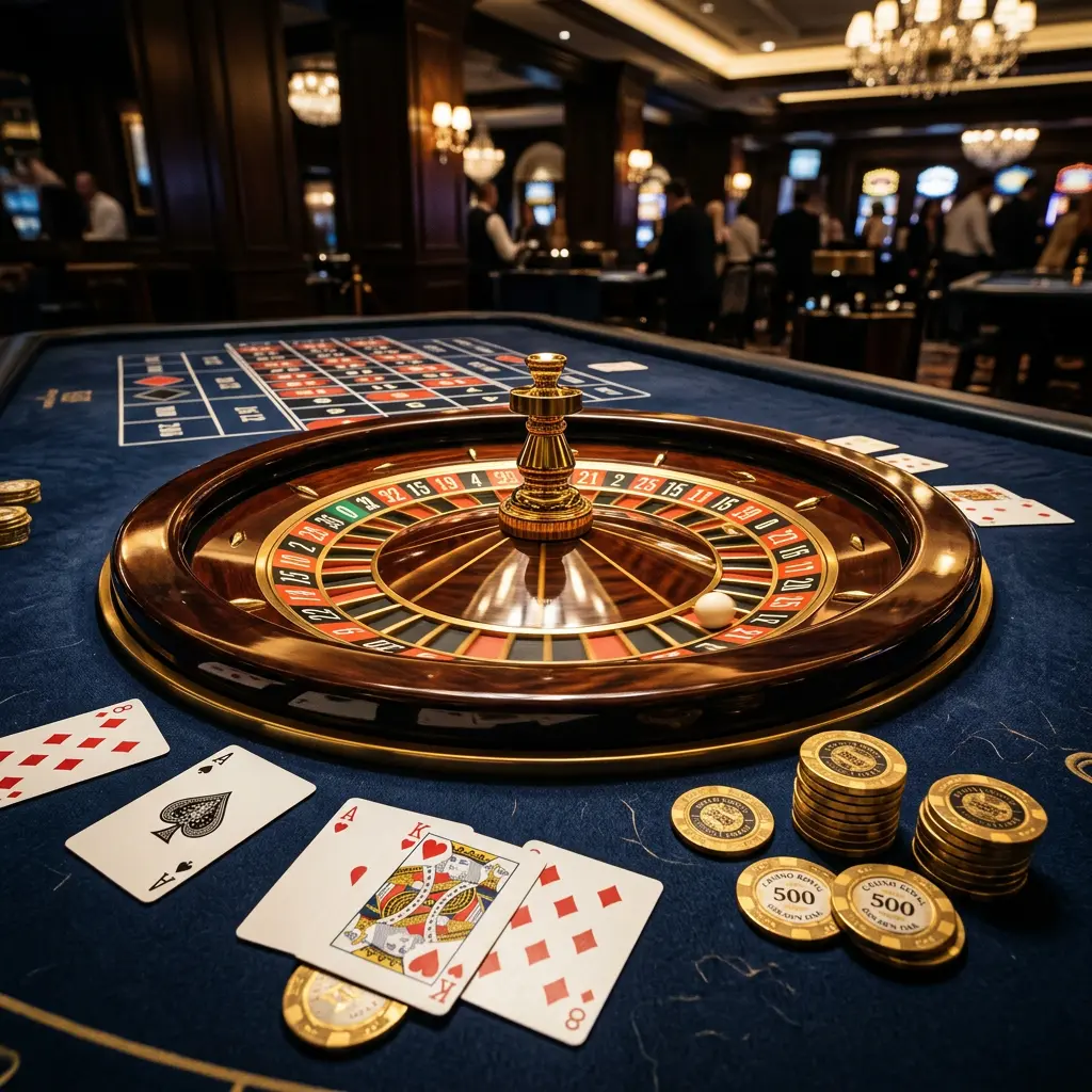 Casino roulette with gold coins and chips representing redemption