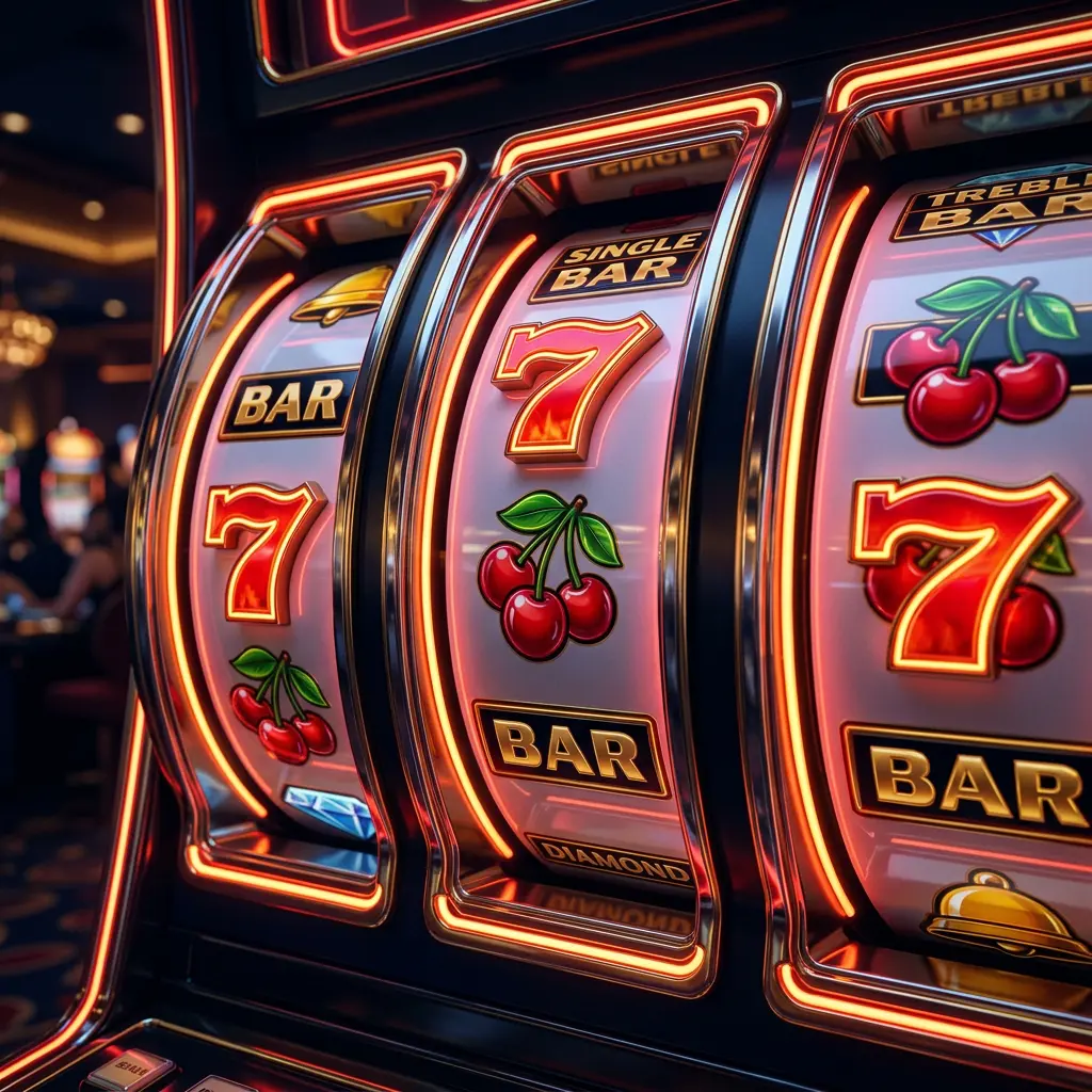 Lucky North neon slot reels with glowing 777