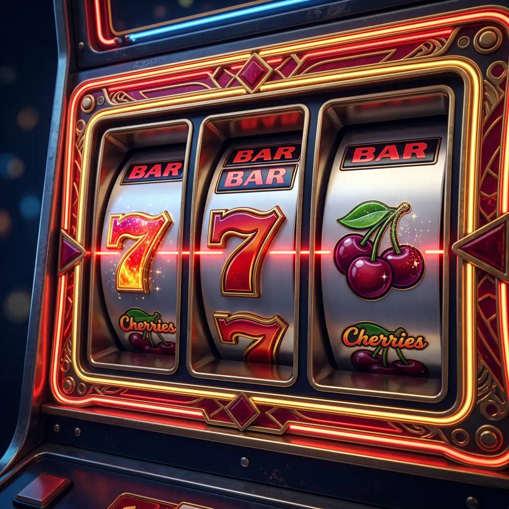 Lucky North slot machine 777 reels glowing in neon orange and gold